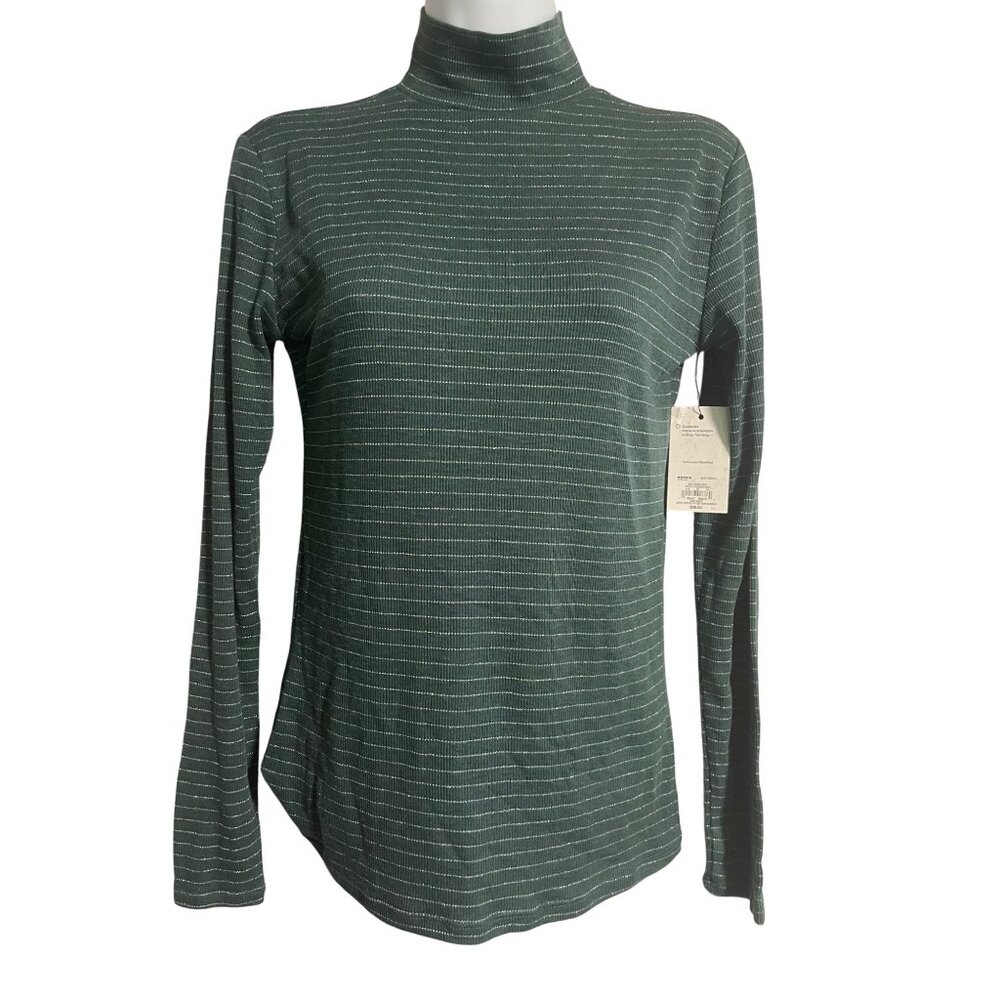 Nine West Womens Striped Green Mock Neck Long Sleeve Shirt Size Small